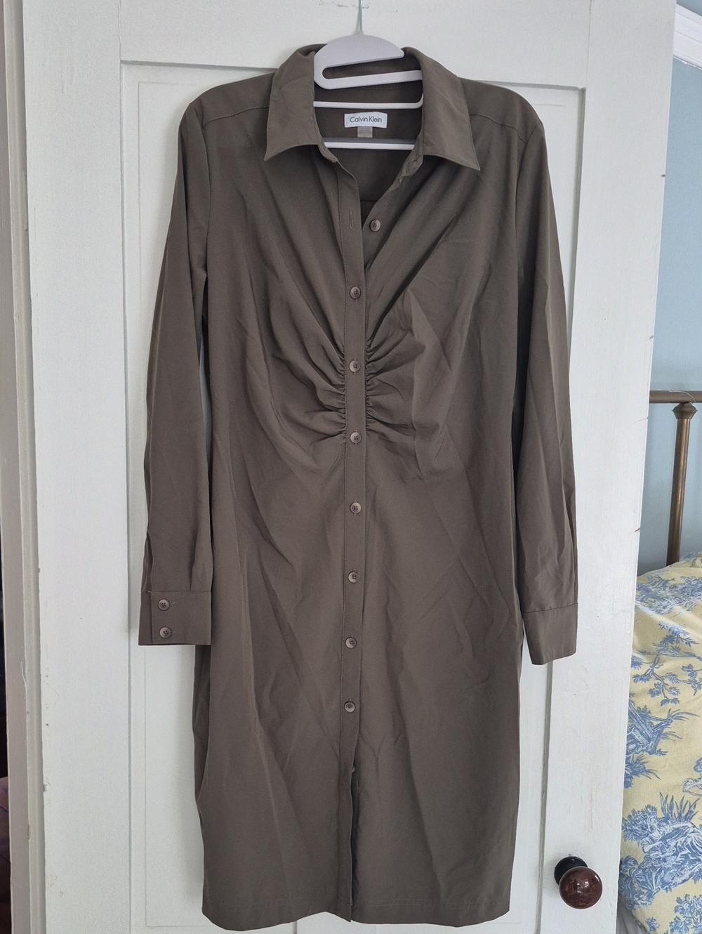Calvin Klein Olive Green Long-Sleeve Ruched Shirt Dress